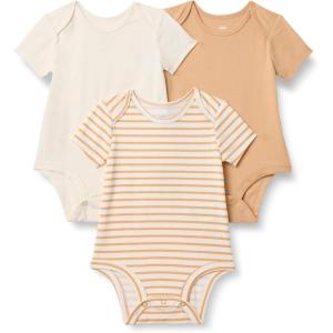 imageAmazon Essentials x Sofia Grainge Unisex Babies Short Sleeve Crewneck BodysuitIvoryLight CamelStripe