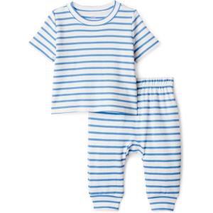 imageAmazon Essentials x Sofia Grainge Unisex Toddlers and Babies Cotton Knit Short Sleeve Shirt amp Pants SetBlue Ivory Uneven Stripe