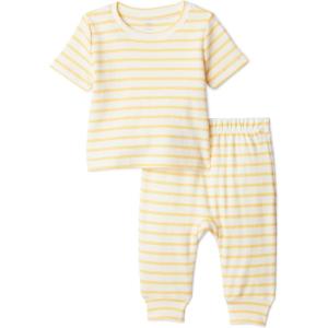 imageAmazon Essentials x Sofia Grainge Unisex Toddlers and Babies Cotton Knit Short Sleeve Shirt amp Pants SetWarm Yellow Ivory Uneven Stripe