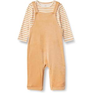imageAmazon Essentials x Sofia Grainge Unisex Babies Velour Overall and Long Sleeve Bodysuit SetLight CamelStripe