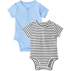 image:imageAmazon Essentials Unisex Babies Short Sleeve Henley Bodysuit Pack of 2Cornflower BlueFrench Stripe