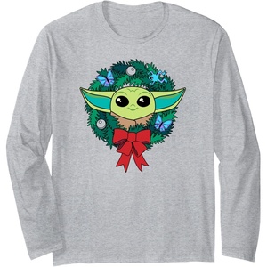 image:imageAmazon Essentials The Mandalorian Grogu Holiday Christmas Wreath Long Sleeve TShirtHeather Grey