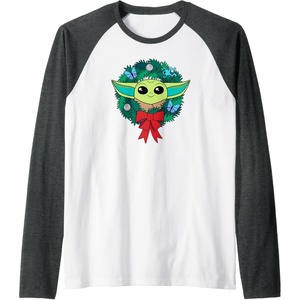 image:imageAmazon Essentials The Mandalorian Grogu Holiday Christmas Wreath Raglan Baseball TeeDark Heather GreyWhite