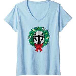 image:imageAmazon Essentials The Mandalorian Helmet Holiday Christmas Wreath VNeck TShirtBaby Blue