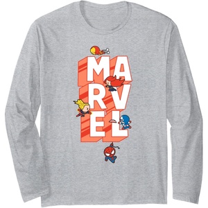 image:imageAmazon Essentials Marvel Block Letters With Five Tiny Super Heroes Long Sleeve TShirtHeather Grey