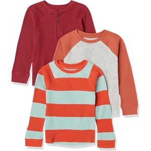 image:imageAmazon Essentials Boys and Toddlers LongSleeve Cotton Thermal TShirt Base Layer Pack of 3BurgundyGreyOrange Rugby Stripe
