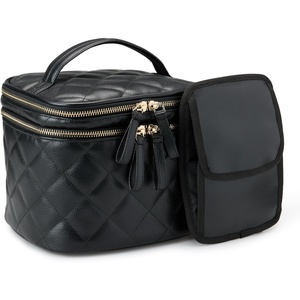 image:imageAmazon Essentials Womens Quilted Makeup Bag with Brush Storage Pink Floral One SizeBlack Faux Leather