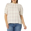 image:imageAmazon Essentials Womens Fluid Twill Short Puff Sleeve Ruffle Smocked ShirtBurgundy Ecru Plaid