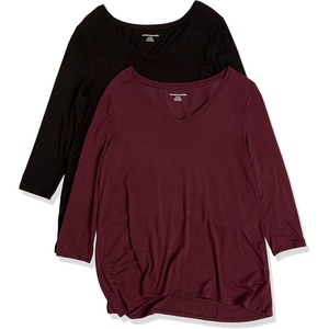 image:imageAmazon Essentials Womens 34 Sleeve VNeck Regular Fit Swing TShirt Available in Plus Size Pack of 2BlackBurgundy