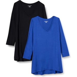 image:imageAmazon Essentials Womens 34 Sleeve VNeck Regular Fit Swing TShirt Available in Plus Size Pack of 2BlackRoyal Blue