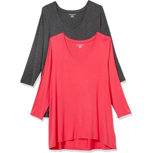 image:imageAmazon Essentials Womens 34 Sleeve VNeck Regular Fit Swing TShirt Available in Plus Size Pack of 2Charcoal HeatherRed