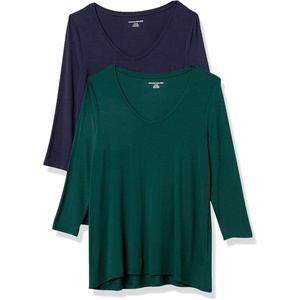 image:imageAmazon Essentials Womens 34 Sleeve VNeck Regular Fit Swing TShirt Available in Plus Size Pack of 2NavyJade Green