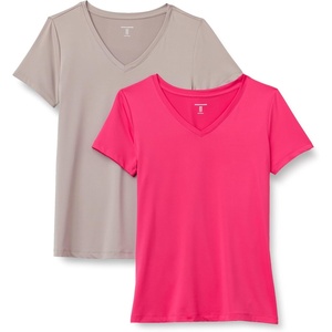 image:imageAmazon Essentials Womens Active Quick Dry Tech Stretch ShortSleeve VNeck TShirt Available in Plus Size Pack of 2Beige  Hot Pink