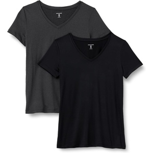 image:imageAmazon Essentials Womens Active Quick Dry Tech Stretch ShortSleeve VNeck TShirt Available in Plus Size Pack of 2Heather Graphite  Black