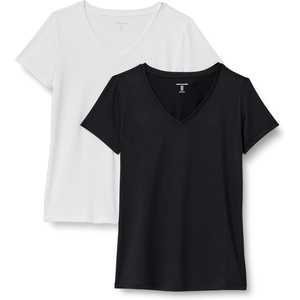 image:imageAmazon Essentials Womens Active Quick Dry Tech Stretch ShortSleeve VNeck TShirt Available in Plus Size Pack of 2White  Black
