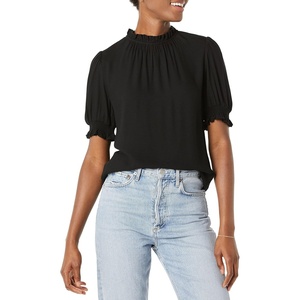 image:imageAmazon Essentials Womens Fluid Twill Short Puff Sleeve Ruffle Smocked ShirtBlack