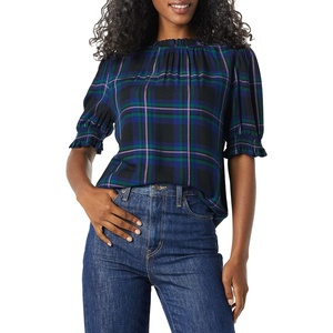 image:imageAmazon Essentials Womens Fluid Twill Short Puff Sleeve Ruffle Smocked ShirtBlack Multi Chelsea Tartan