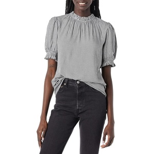 image:imageAmazon Essentials Womens Fluid Twill Short Puff Sleeve Ruffle Smocked ShirtBlack White Mini Gingham