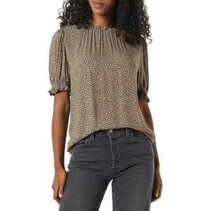 image:imageAmazon Essentials Womens Fluid Twill Short Puff Sleeve Ruffle Smocked ShirtCamel Micro Cheetah