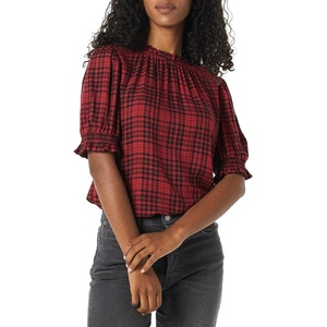 image:imageAmazon Essentials Womens Fluid Twill Short Puff Sleeve Ruffle Smocked ShirtRed Black Handkerchief Plaid