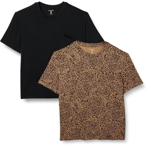 image:imageAmazon Essentials Womens Jersey RelaxedFit ShortSleeve Crewneck Pocket TShirt Pack of 2BlackBrown Leopard
