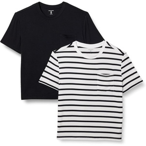 image:imageAmazon Essentials Womens Jersey RelaxedFit ShortSleeve Crewneck Pocket TShirt Pack of 2BlackWhite French Stripe