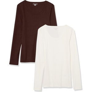 image:imageAmazon Essentials Womens Long Sleeve SlimFit Rib Scoop Neck Sweater Fall Tops Pack of 2Eggshell WhiteEspresso