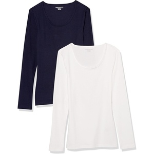 image:imageAmazon Essentials Womens Long Sleeve SlimFit Rib Scoop Neck Sweater Fall Tops Pack of 2NavyWhite