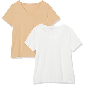 image:imageAmazon Essentials Womens Plus Size ShortSleeve VNeck TShirtWhiteLight Camel
