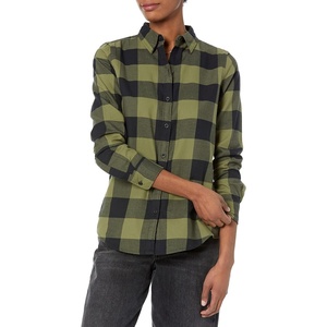 image:imageAmazon Essentials Womens RegularFit LongSleeve Lightweight Plaid Flannel Shirt with Brushed Finish Shirttail HemBlack Olive Buffalo Check