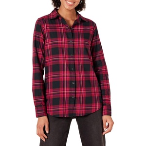 image:imageAmazon Essentials Womens RegularFit LongSleeve Lightweight Plaid Flannel Shirt with Brushed Finish Shirttail HemBlack Pink Chelsea Tartan