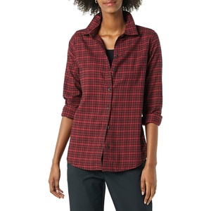 image:imageAmazon Essentials Womens RegularFit LongSleeve Lightweight Plaid Flannel Shirt with Brushed Finish Shirttail HemBlack Red Preppy Check