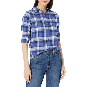 image:imageAmazon Essentials Womens RegularFit LongSleeve Lightweight Plaid Flannel Shirt with Brushed Finish Shirttail HemBlue Grey Navy Plaid
