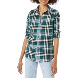 image:imageAmazon Essentials Womens RegularFit LongSleeve Lightweight Plaid Flannel Shirt with Brushed Finish Shirttail HemDark Green Kilt Plaid