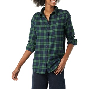 image:imageAmazon Essentials Womens RegularFit LongSleeve Lightweight Plaid Flannel Shirt with Brushed Finish Shirttail HemDark Green Navy Medium Plaid