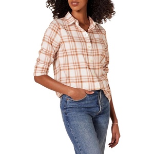 image:imageAmazon Essentials Womens RegularFit LongSleeve Lightweight Plaid Flannel Shirt with Brushed Finish Shirttail HemEcru Pale Pink Alpine Plaid