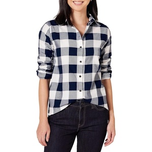 image:imageAmazon Essentials Womens RegularFit LongSleeve Lightweight Plaid Flannel Shirt with Brushed Finish Shirttail HemNavy Buffalo Plaid