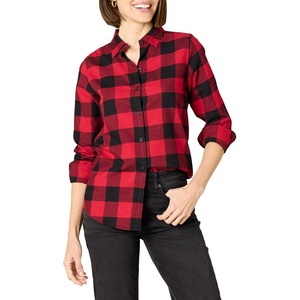 image:imageAmazon Essentials Womens RegularFit LongSleeve Lightweight Plaid Flannel Shirt with Brushed Finish Shirttail HemRed Buffalo Check