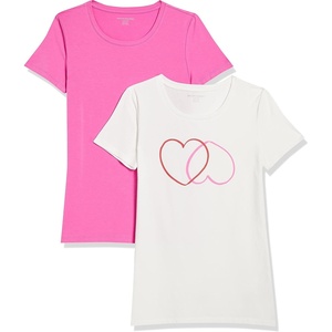 image:imageAmazon Essentials Womens RegularFit ShortSleeve TShirt Crewneck and VNeck Options MultipacksPinkWhite Hearts
