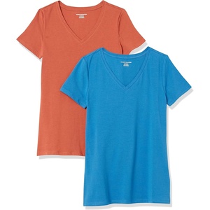 image:imageAmazon Essentials Womens RegularFit ShortSleeve TShirt Crewneck and VNeck Options2pack TerracottaBlue