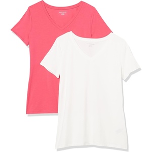 image:imageAmazon Essentials Womens RegularFit ShortSleeve TShirt Crewneck and VNeck OptionsBright PinkWhite