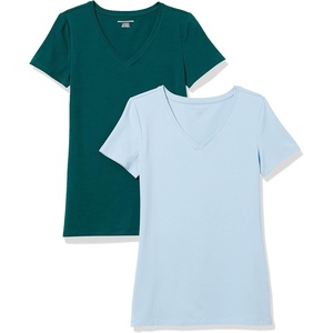 image:imageAmazon Essentials Womens RegularFit ShortSleeve TShirt Crewneck and VNeck OptionsDark GreenPowder Blue