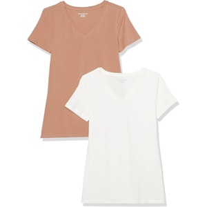 image:imageAmazon Essentials Womens RegularFit ShortSleeve TShirt Crewneck and VNeck OptionsLight BrownWhite