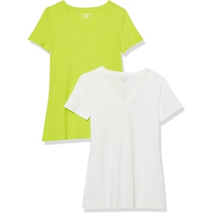 image:imageAmazon Essentials Womens RegularFit ShortSleeve TShirt Crewneck and VNeck OptionsLime GreenWhite