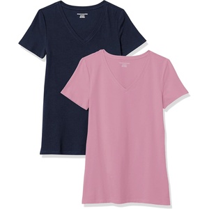 image:imageAmazon Essentials Womens RegularFit ShortSleeve TShirt Crewneck and VNeck OptionsNavyLight Pink