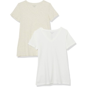 image:imageAmazon Essentials Womens RegularFit ShortSleeve TShirt Crewneck and VNeck OptionsOatmeal HeatherWhite