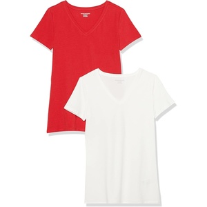 image:imageAmazon Essentials Womens RegularFit ShortSleeve TShirt Crewneck and VNeck OptionsRedWhite