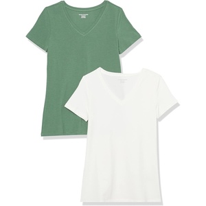 image:imageAmazon Essentials Womens RegularFit ShortSleeve TShirt Crewneck and VNeck OptionsSage GreenWhite