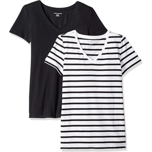 image:imageAmazon Essentials Womens RegularFit ShortSleeve TShirt Crewneck and VNeck OptionsWhite Mariner StripeBlack