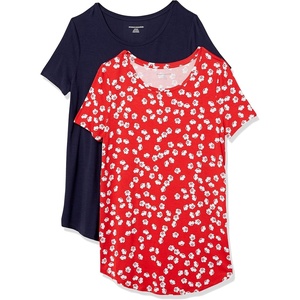 image:imageAmazon Essentials Womens ShortSleeve Scoopneck Tunic Tops Pack of 2NavyRed Flowers